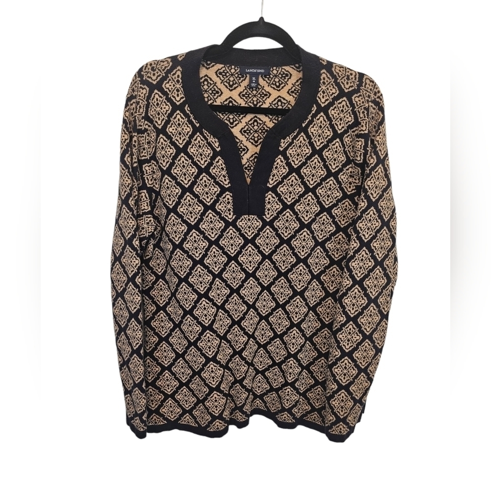 Land's End XL 100% Cotton Mixed Pattern Black Brown Sweater